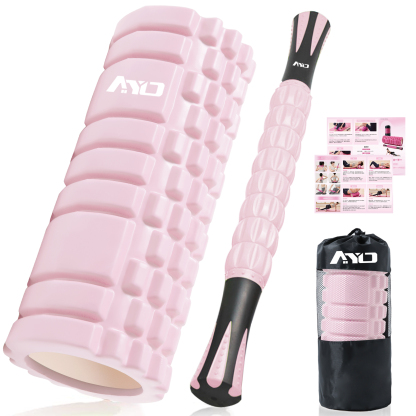 フォームローラー AYO 筋膜リリース マッサージローラー 筋膜ローラー セット ヨガポール 足 太もも 背中 筋肉ほぐし ストレッチ トレーニング スポーツ フィットネス ストレッチ器具 説明書 収納バッグ ライトピンク