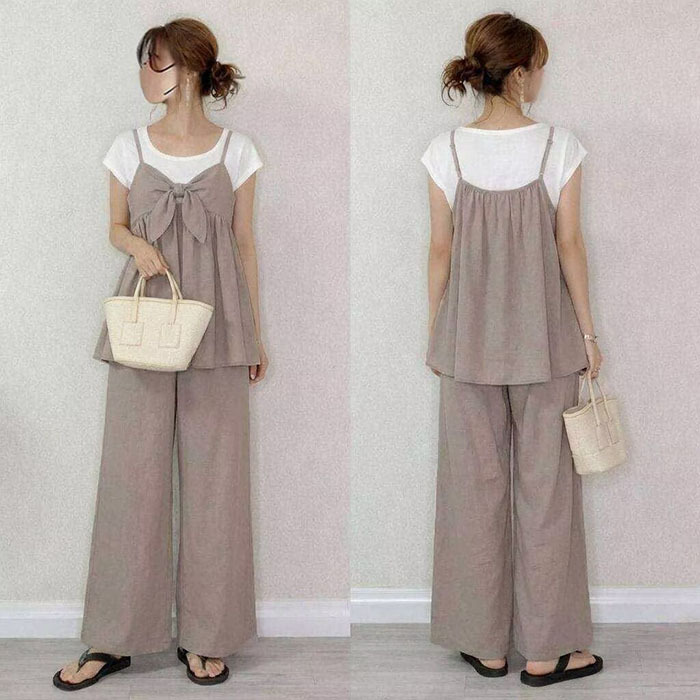 セットアップ キャミソール パンツ 2点セット レディース パンツドレス パンツスーツ フロントリボン 蝶結び ノースリーブ 春夏 夏 無地 女の子 日常デー 通勤 卒業式 ガウチョパンツ ワイドパンツ 体型カバー ゆったり 脚長効果 欧米風 カジュアル レイヤード風 重ね着