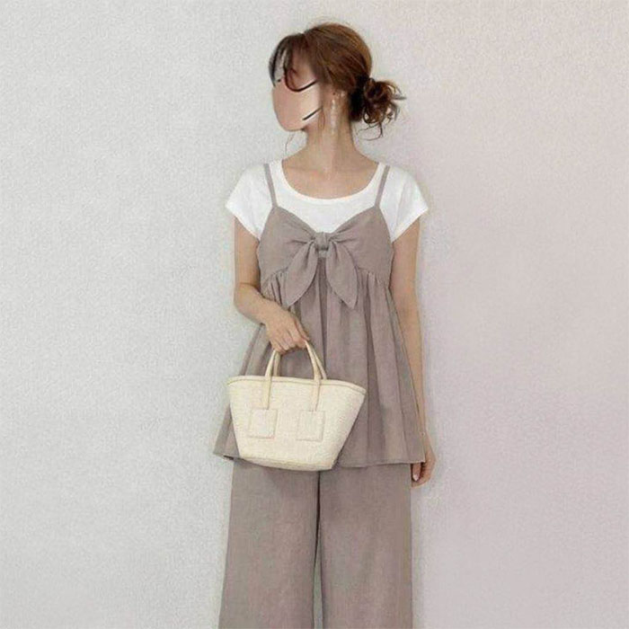 セットアップ キャミソール パンツ 2点セット レディース パンツドレス パンツスーツ フロントリボン 蝶結び ノースリーブ 春夏 夏 無地 女の子 日常デー 通勤 卒業式 ガウチョパンツ ワイドパンツ 体型カバー ゆったり 脚長効果 欧米風 カジュアル レイヤード風 重ね着