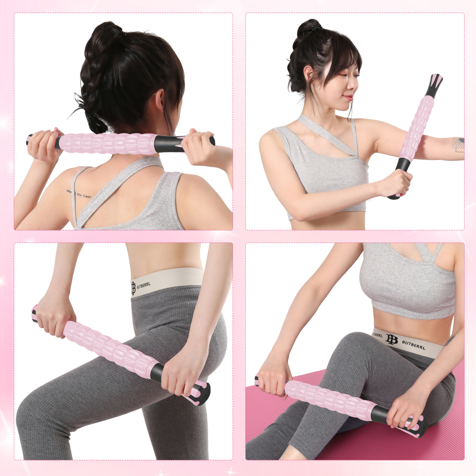 フォームローラー AYO 筋膜リリース マッサージローラー 筋膜ローラー セット ヨガポール 足 太もも 背中 筋肉ほぐし ストレッチ トレーニング スポーツ フィットネス ストレッチ器具 説明書 収納バッグ ライトピンク