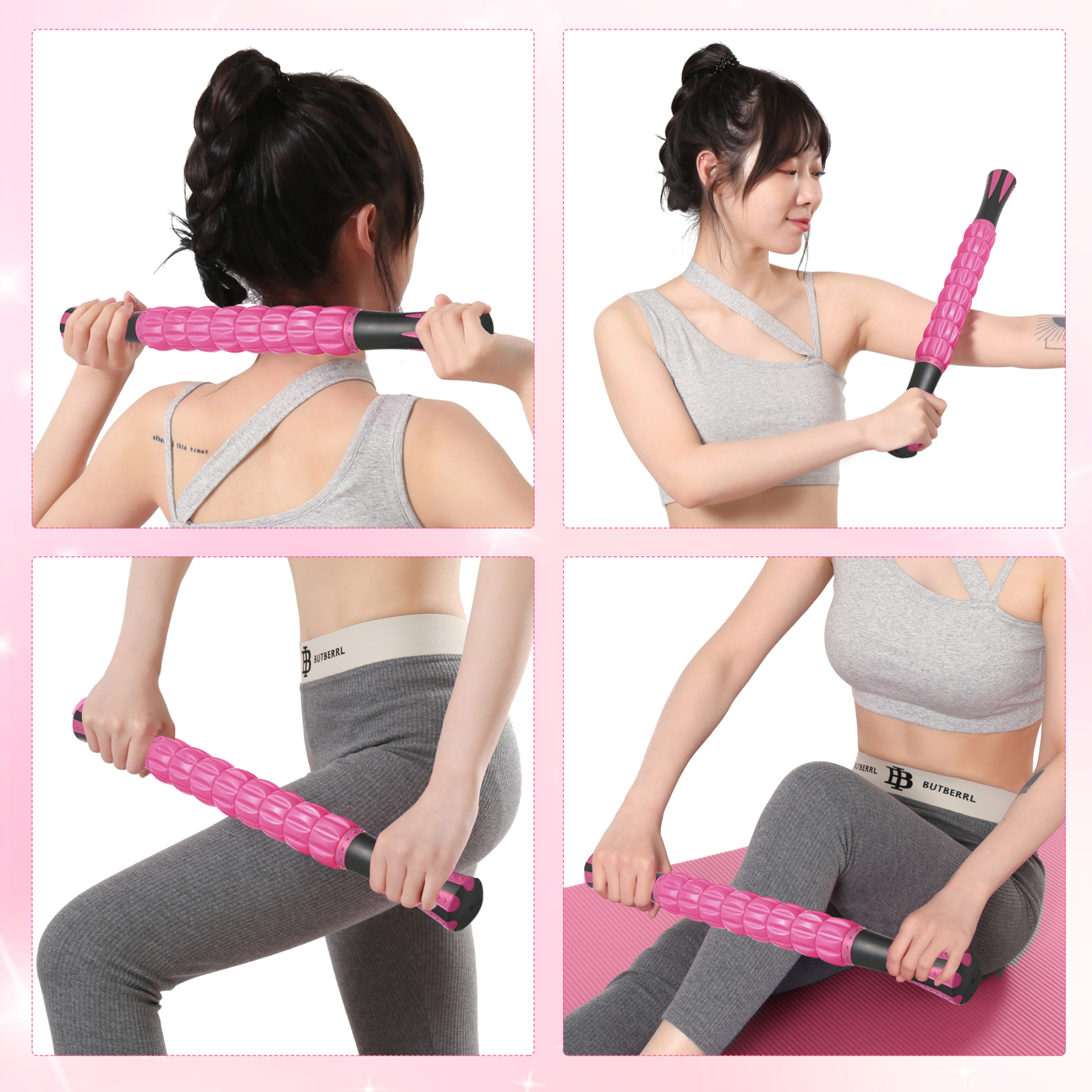 フォームローラー AYO 筋膜リリース マッサージローラー 筋膜ローラー セット ヨガポール 足 太もも 背中 筋肉ほぐし ストレッチ トレーニング スポーツ フィットネス ストレッチ器具 説明書 収納バッグ ローズ