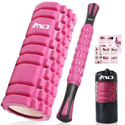 フォームローラー AYO 筋膜リリース マッサージローラー 筋膜ローラー セット ヨガポール 足 太もも 背中 筋肉ほぐし ストレッチ トレーニング スポーツ フィットネス ストレッチ器具 説明書 収納バッグ ローズ