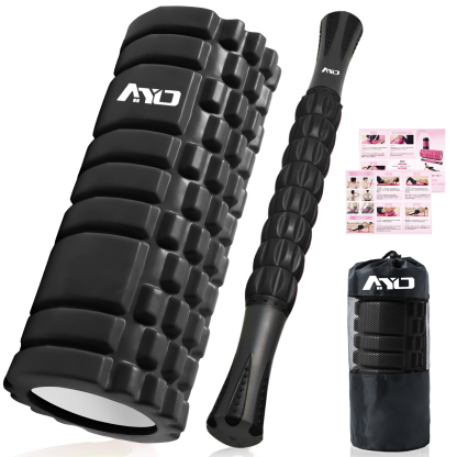 フォームローラー AYO 筋膜リリース マッサージローラー 筋膜ローラー セット ヨガポール 足 太もも 背中 筋肉ほぐし ストレッチ トレーニング スポーツ フィットネス ストレッチ器具 説明書 収納バッグ ブラック