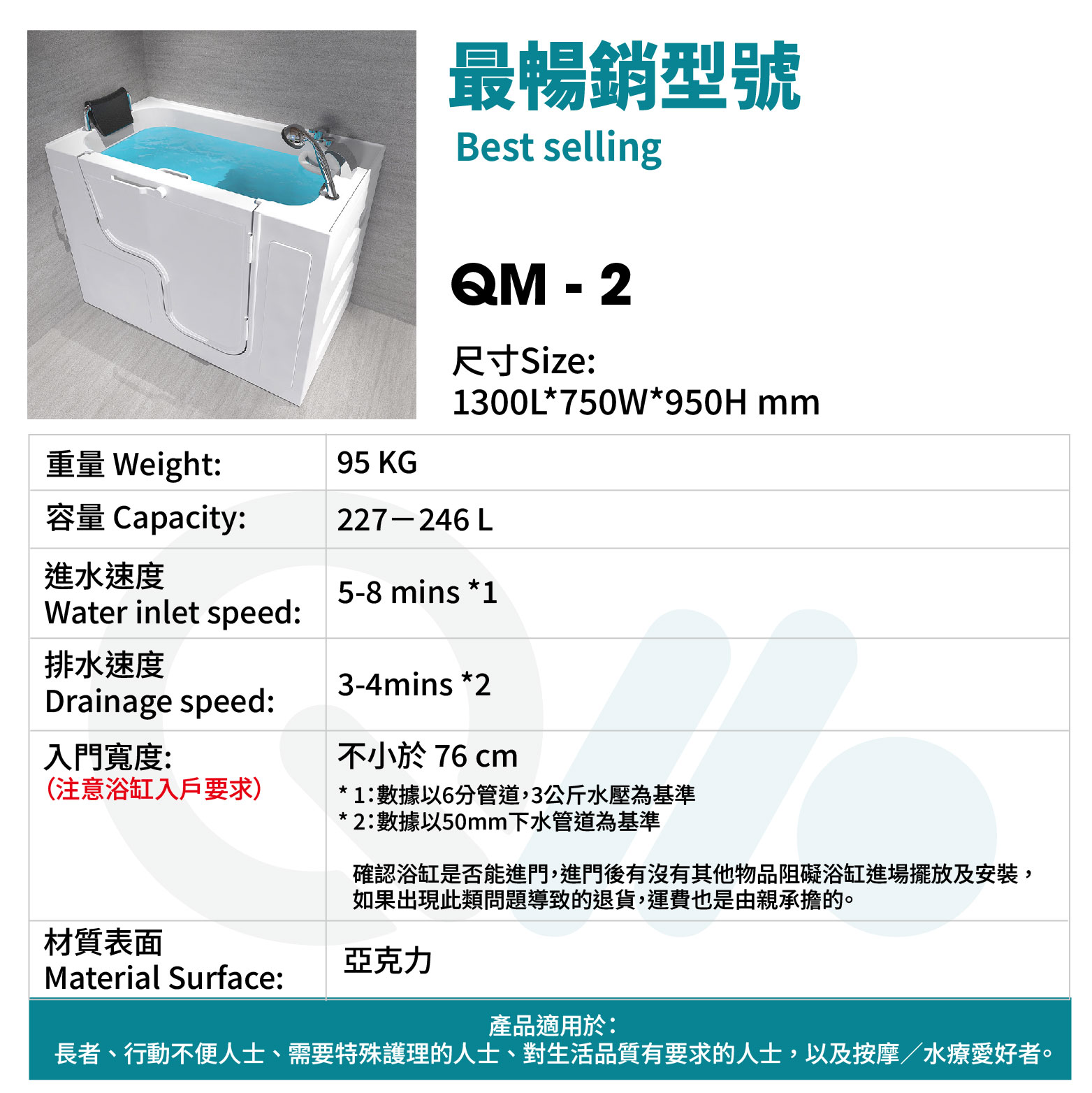 [預訂]無障礙浴缸 推門式步入水療浴缸：QM-2[舒適型]