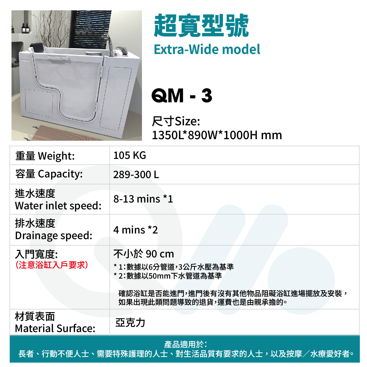 [預訂]無障礙浴缸 推門式步入水療浴缸：QM-3[舒適型]