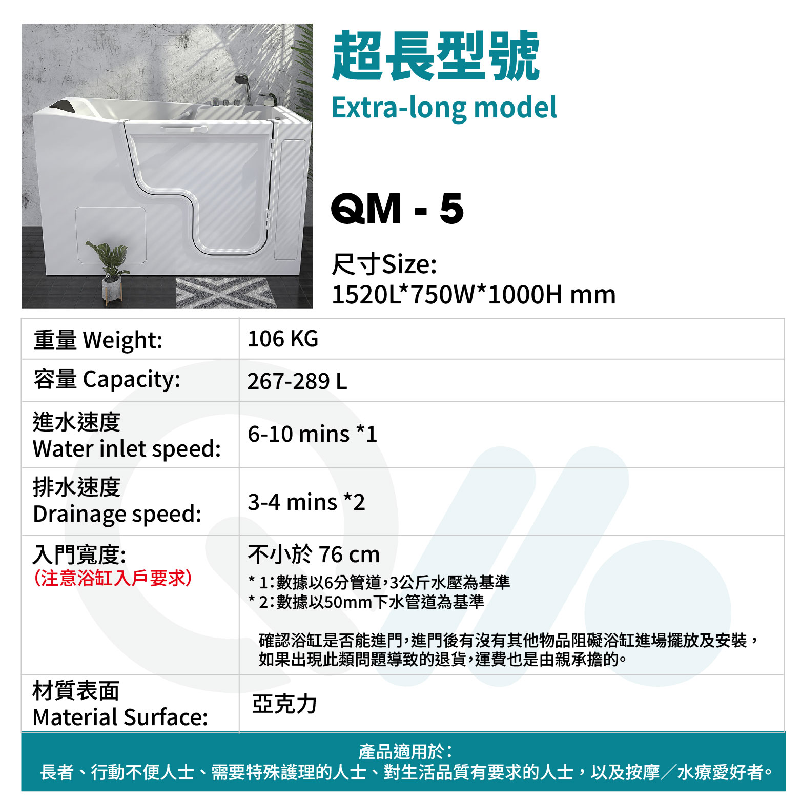 [預訂]無障礙浴缸 推門式步入水療浴缸：QM-5[舒適型]