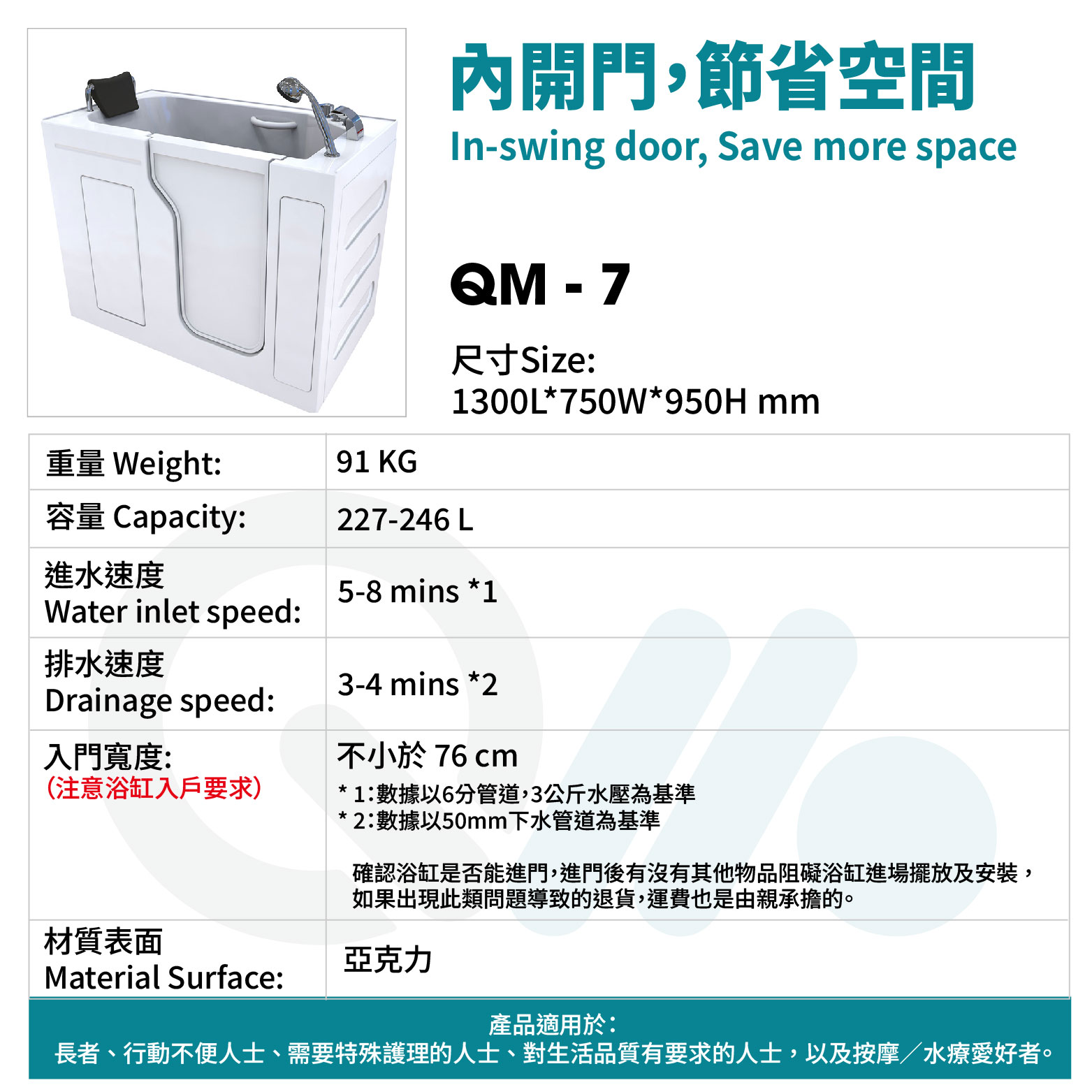 [預訂]無障礙浴缸 推門式步入水療浴缸：QM-7[舒適型]