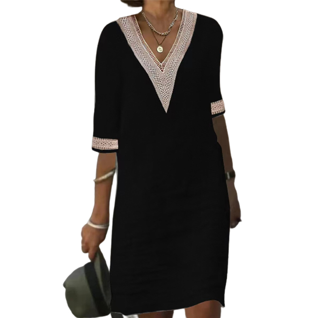 V-neck lace-trimmed cotton linen dress