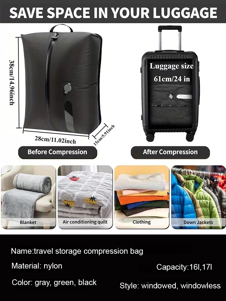 Pump-free travel clothing storage compression bag