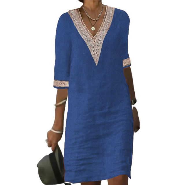 V-neck lace-trimmed cotton linen dress