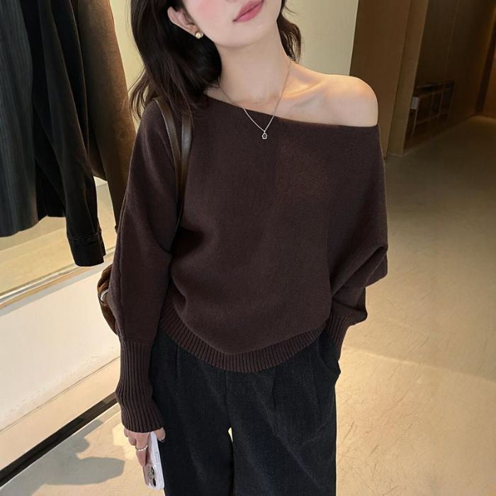 Korean pure desire style one shoulder soft lazy knitted sweater