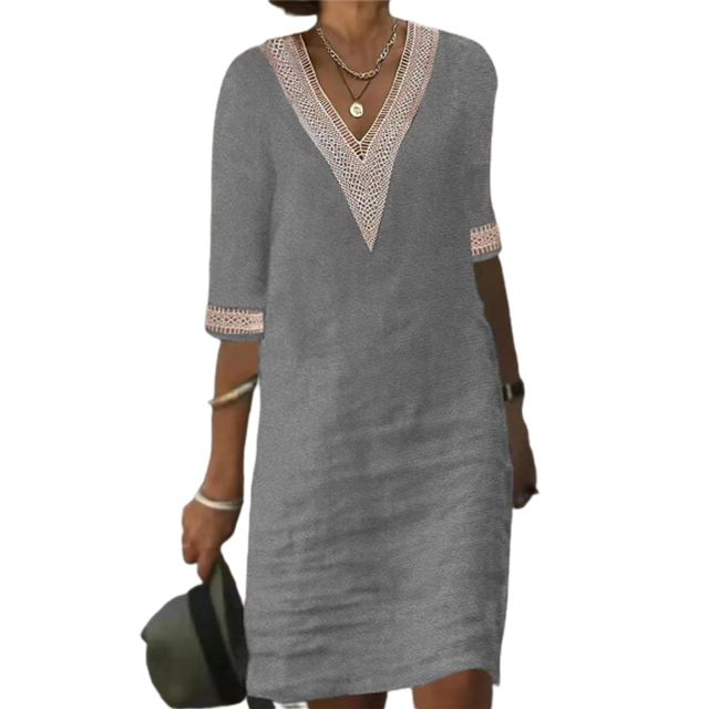 V-neck lace-trimmed cotton linen dress