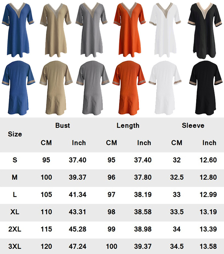 V-neck lace-trimmed cotton linen dress