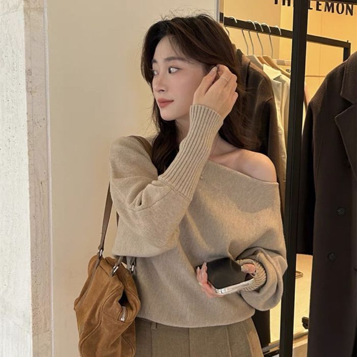 Korean pure desire style one shoulder soft lazy knitted sweater
