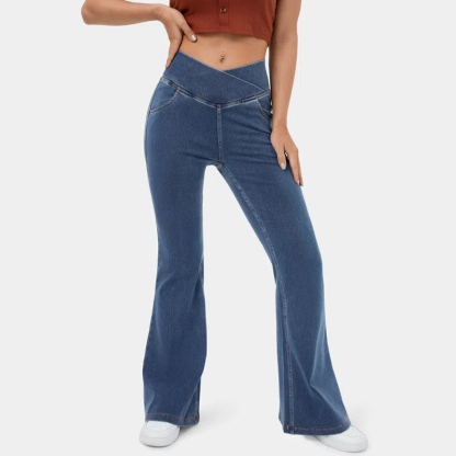 High elastic denim flared pants