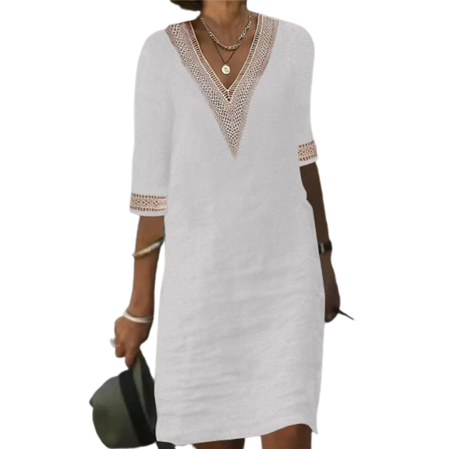 V-neck lace-trimmed cotton linen dress