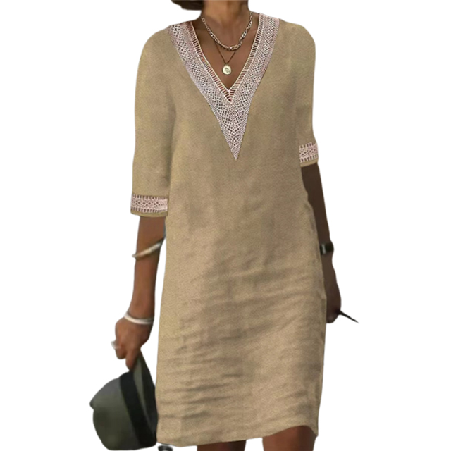 V-neck lace-trimmed cotton linen dress