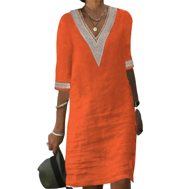 V-neck lace-trimmed cotton linen dress