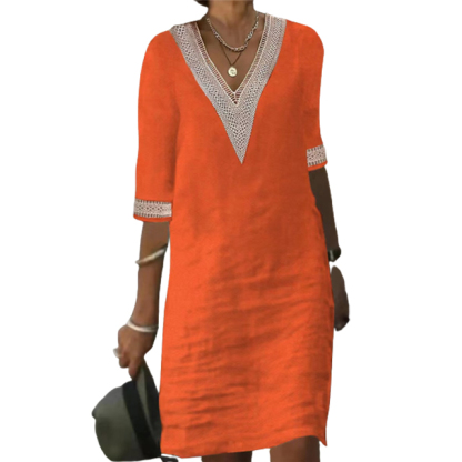 V-neck lace-trimmed cotton linen dress