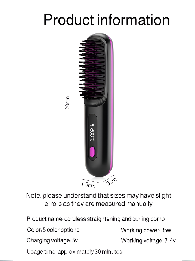Portable Straightening and Curling Cordless Negative Ion comb