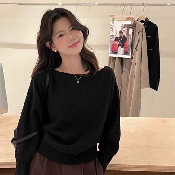 Korean pure desire style one shoulder soft lazy knitted sweater