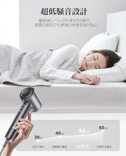 ドライヤー【2025進化モデル?20ｓ速乾】大風量 高速ヘアドライヤー 2億高濃度マイナスイオン 静電気抑制 NTC温度制御システム 過熱保護 恒温ヘアケア 髪質改善 5段階温度調節&3段階風量 【温冷リズム】 マグネット式ノズル付き 小型 コンパクト 静音 軽量 旅行/サロン/家庭用/プレゼント PSE認証済み （グレー）