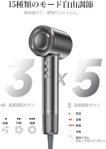 ドライヤー【2025進化モデル?20ｓ速乾】大風量 高速ヘアドライヤー 2億高濃度マイナスイオン 静電気抑制 NTC温度制御システム 過熱保護 恒温ヘアケア 髪質改善 5段階温度調節&3段階風量 【温冷リズム】 マグネット式ノズル付き 小型 コンパクト 静音 軽量 旅行/サロン/家庭用/プレゼント PSE認証済み （グレー）