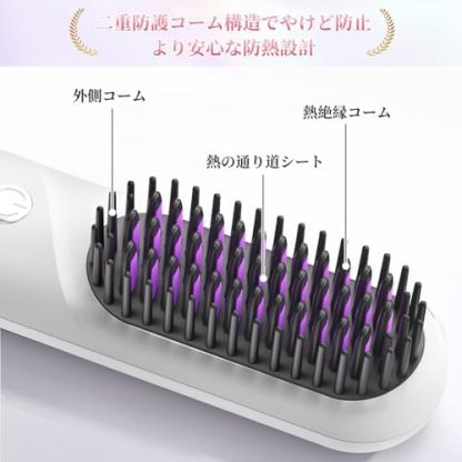 ストレートアイロン  ヒートブラシ ヘアアイロン 「サロン級ツヤ髪」 4段温調節 140℃～200℃ マイナスイオン 静電気防止 コードレス Type-C充電式 瞬時予熱 やけど防止 温度表示 ストレート＆カール両用 プロ仕様 コンパクト ヘアブラシ 海外対応 軽量 男女兼用 プレゼント ホワイト 日本語取扱説明書