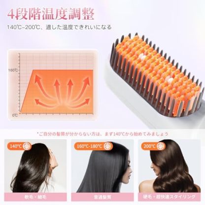 ストレートアイロン  ヒートブラシ ヘアアイロン 「サロン級ツヤ髪」 4段温調節 140℃～200℃ マイナスイオン 静電気防止 コードレス Type-C充電式 瞬時予熱 やけど防止 温度表示 ストレート＆カール両用 プロ仕様 コンパクト ヘアブラシ 海外対応 軽量 男女兼用 プレゼント ホワイト 日本語取扱説明書