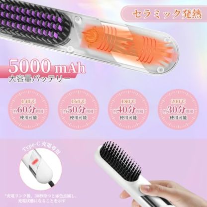 ストレートアイロン  ヒートブラシ ヘアアイロン 「サロン級ツヤ髪」 4段温調節 140℃～200℃ マイナスイオン 静電気防止 コードレス Type-C充電式 瞬時予熱 やけど防止 温度表示 ストレート＆カール両用 プロ仕様 コンパクト ヘアブラシ 海外対応 軽量 男女兼用 プレゼント ホワイト 日本語取扱説明書