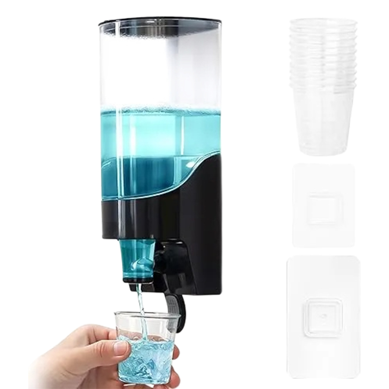 マウスウォッシュ ディスペンサー 詰め替え 壁掛け 900ml マウスウォッシュ ボトル 洗口液 ABSカップを10個付き(ブラック)