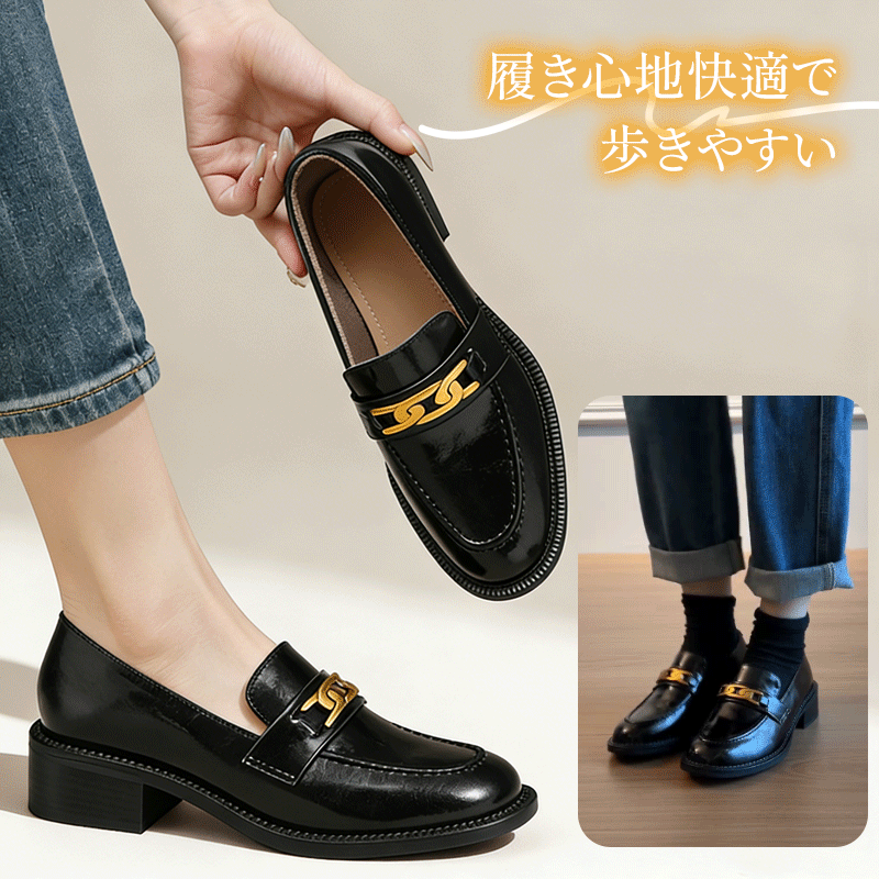 本革ビットローファー レディース 4cmミドルヒール 外反母趾対応 ワイド設計 通勤