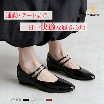 Emiwalk ダブルストラップ メリージェーン グロスブラック 3cmインビジブルヒール着用イメージ