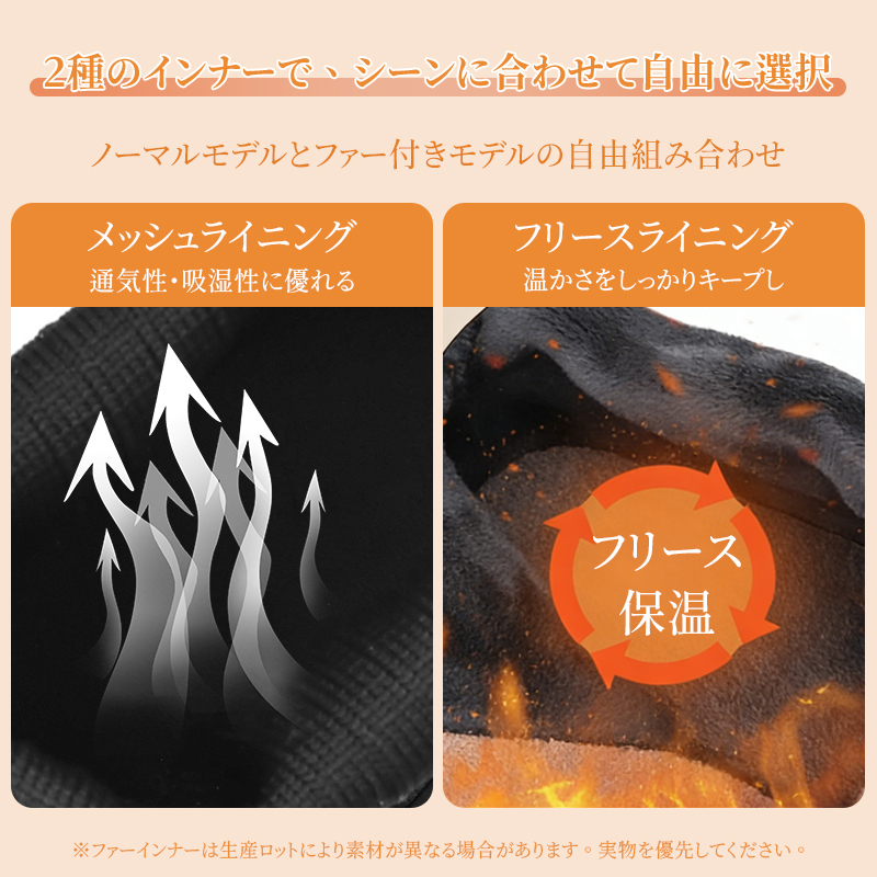 選べる2種類のインナー 通気メッシュと保温フリースライニングの比較