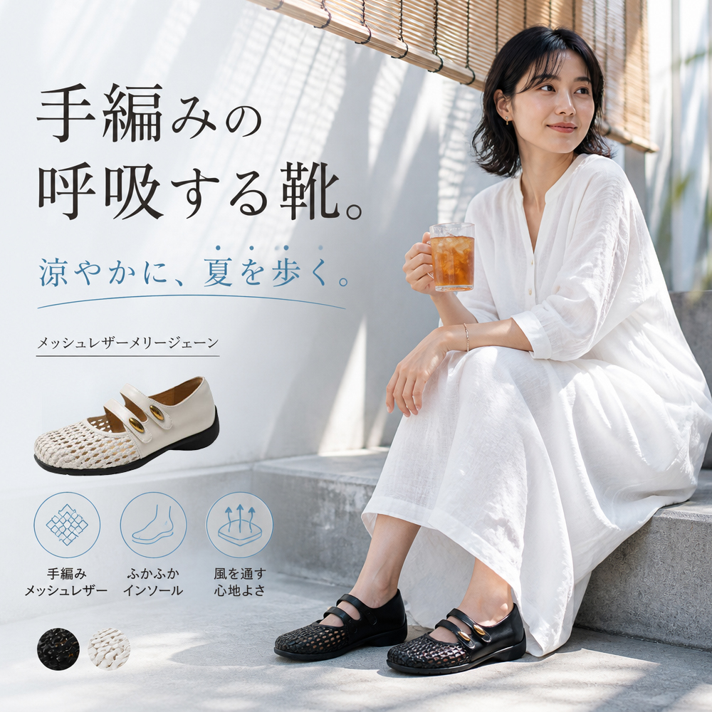 クリームホワイトの本革メッシュパンプスと白ワンピースの清涼感あふれる休日コーデ