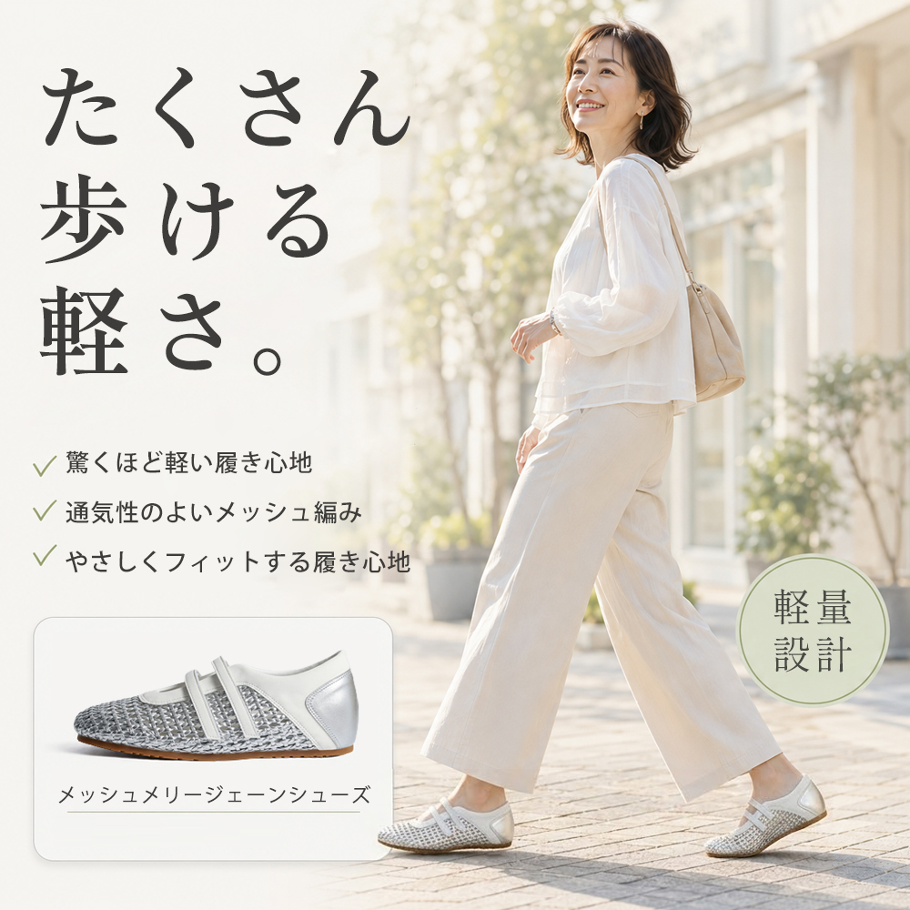 驚くほど軽い軽量設計のシルバーメッシュメリージェーンパンプスと街歩きスタイル
