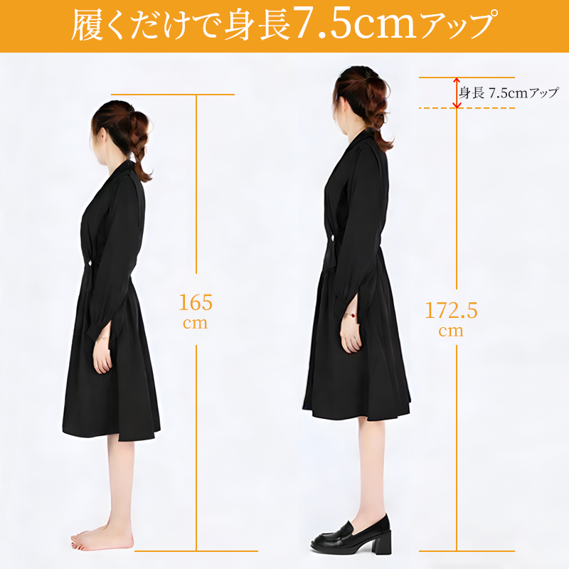 履くだけで身長が7.5cm高くなる様子を比較した、小柄な方へのスタイルアップ効果