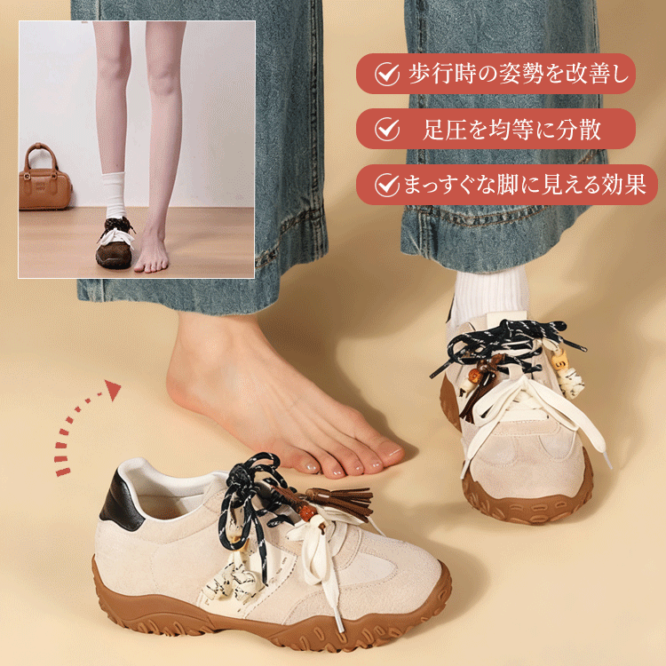 厚底スニーカー 着用比較 素足と着用時の姿勢改善・足圧分散のイメージ