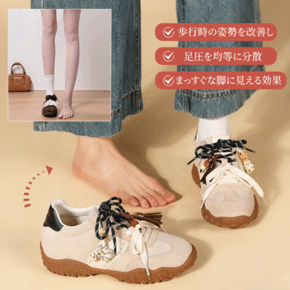 厚底スニーカー 着用比較 素足と着用時の姿勢改善・足圧分散のイメージ