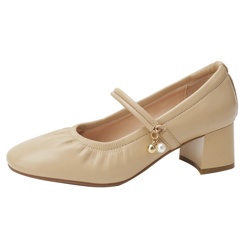 パールチャーム付 ダブルストラップパンプス 5cmスクエアヒール 柔らか本革