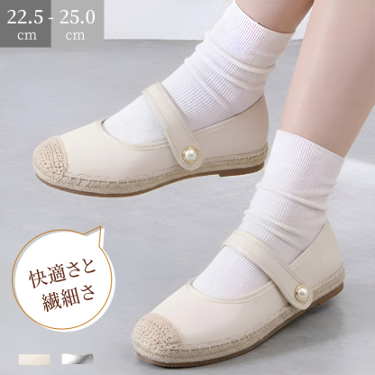 パールボタン ストラップシューズ ベージュ 着用イメージ 白ソックス合わせ 22.5-25.0cm