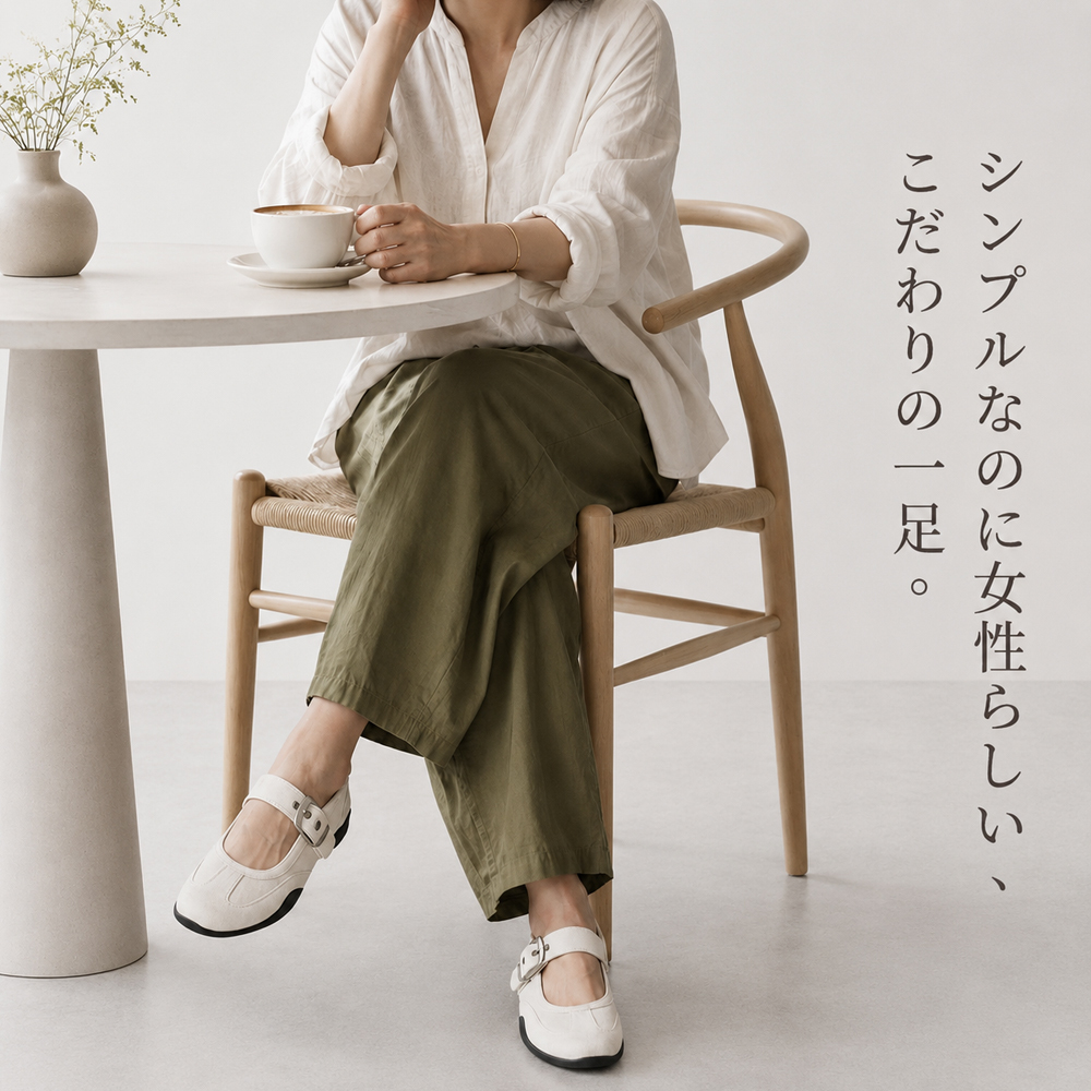 Emiwalk スエードパンプス アイボリー カーキパンツ着用 カフェテラスリラックス