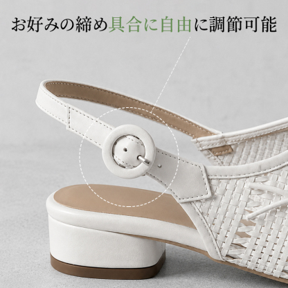 お好みの締め具合に自由調整可能な丸型バックルストラップ構造