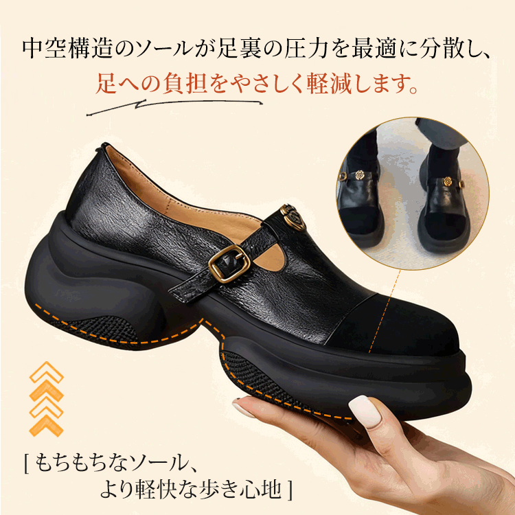 足裏の圧力を分散する中空構造ソールの図解と軽快な歩き心地のイメージ