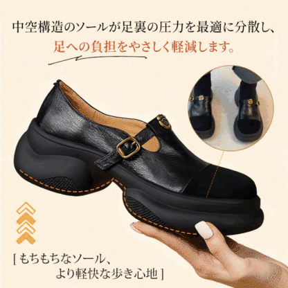 足裏の圧力を分散する中空構造ソールの図解と軽快な歩き心地のイメージ