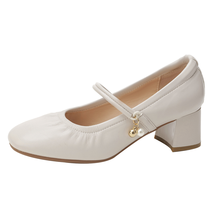 パールチャーム付 ダブルストラップパンプス 5cmスクエアヒール 柔らか本革