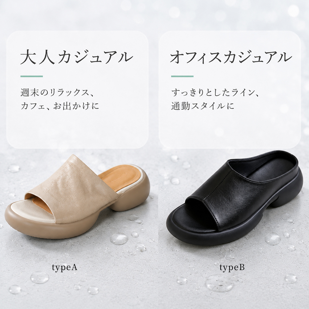 【履くだけで美脚効果◎】4E ワイド設計 本革 厚底 サンダル レディース 甲深 アッパー やわらか天然皮革 美足 ミュール 痛くない 締め付けゼロ 楽ちん つっかけ スリッパ ローヒール 250g 軽量 衝撃吸収 疲れない 外反母趾 オフィス 普段履き