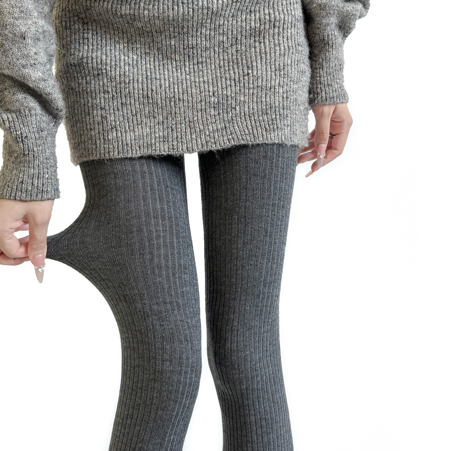 縦リブタイツ・ウール50%配合