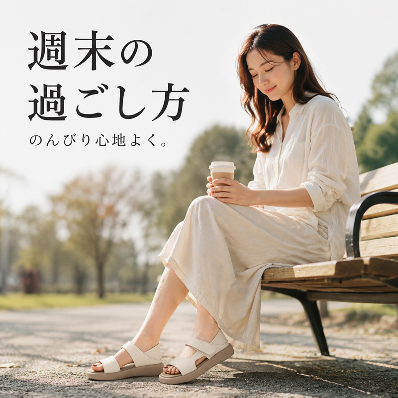 ベージュの2WAYレザーサンダルと白ワンピースの公園ベンチリラックススタイル
