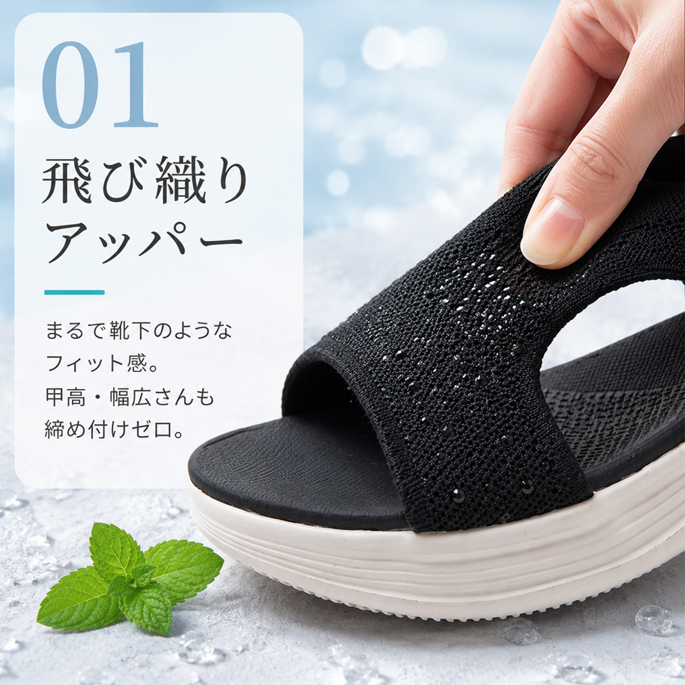 Emiwalk ニットサンダル ブラック 飛び織りアッパー 甲高幅広フィットディテール